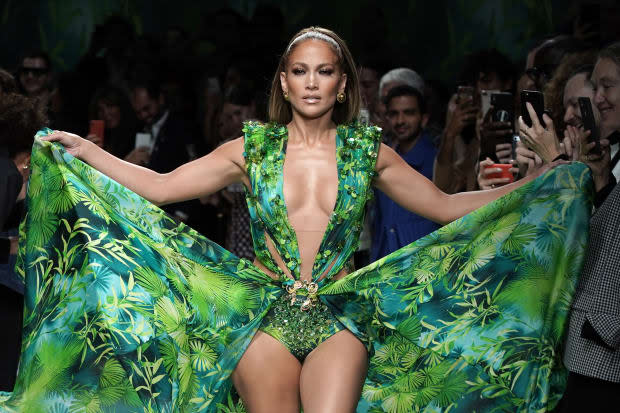 Jennifer Lopez in a reprisal of the iconic Versace dress at the brand's Spring 2020 show.