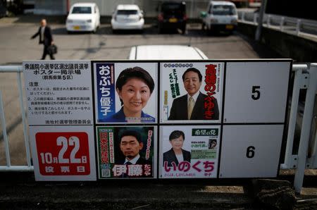 Candidates' posters for the October 22 lower house election are displayed on the street in Nanmoku Village, northwest of Tokyo, Japan October 12, 2017. Picture taken October 12, 2017. REUTERS/Issei Kato