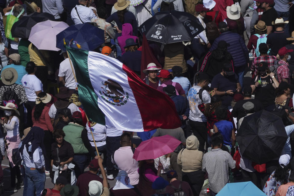 People gather at the capital's main square, the Zócalo, during a march to support Mexican President Andrés Manuel López Obrador's government, in Mexico City, Sunday, November 27, 2022. (AP Photo / Marco Ugarte)