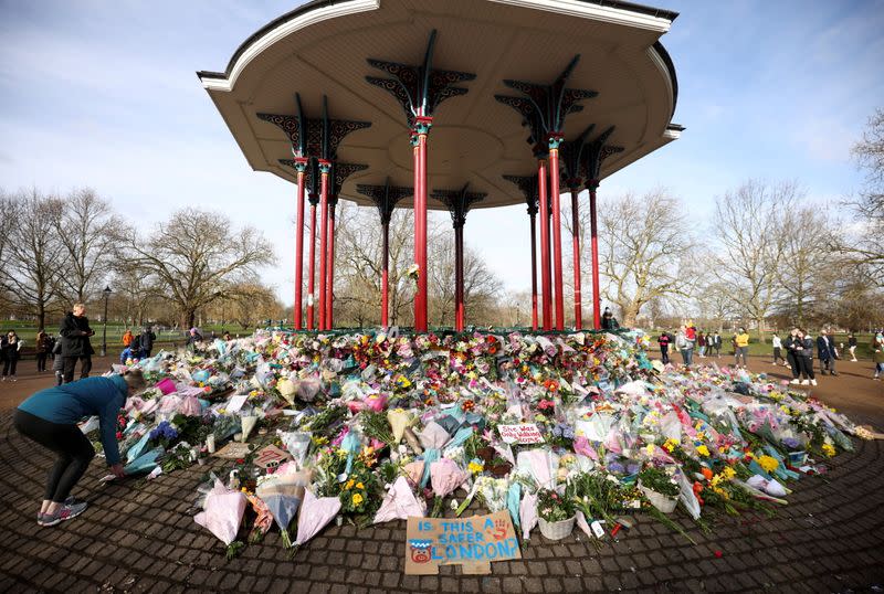 Memorial site at the Clapham Common Bandstand, following the kidnap and murder of Sarah Everard, in London