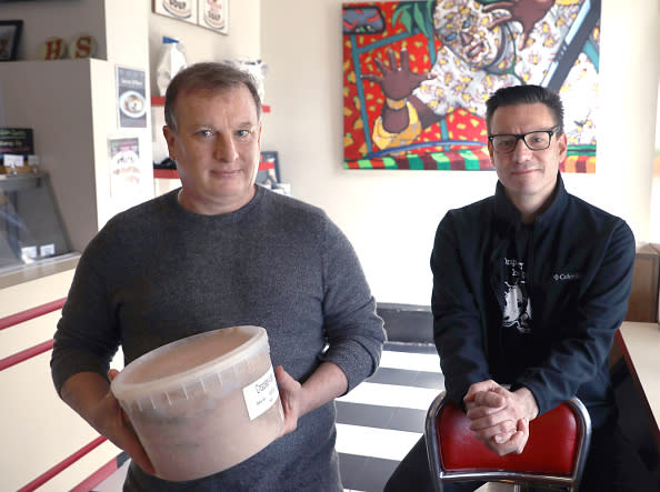 Founders Jake Godby (left) and Sean Vahey (right) of local ice cream maker Humphry Slocombe show their newest ice cream flavor Chocolate Violet , seen on Monday, April 8, 2019, in San Francisco, Calif. They often come up with limited-edition ice cream flavors tied to particular theater productions, with the most recent being “”Charlie and the Chocolate Factory,”” with an ice cream flavor named after and inspired by the character Violet Beauregard. (Photo by Liz Hafalia/San Francisco Chronicle via Getty Images)