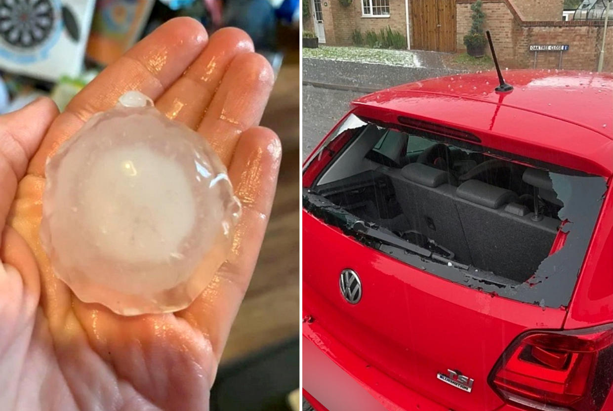 Hail that hit Kevin Messenger's car.  Hail the size of golf balls fell in a thunderstorm damaging cars and smashing windows as extreme heat warnings stayed in place across England.  The hail storm hit Leicestershire around 18.15 BST, July 20, 2021, with some car windows obliterated.  See SWNS story SWMDhail.  July 21, 2021. 