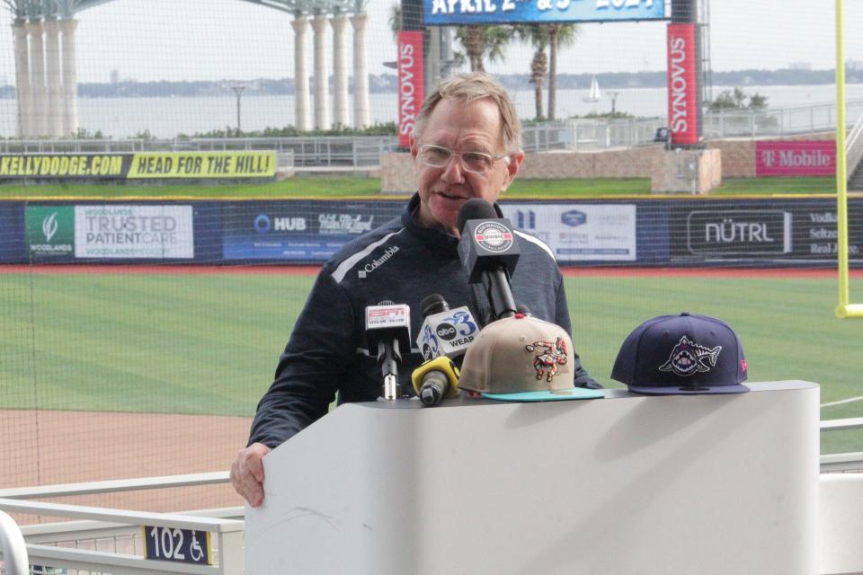 Pensacola Blue Wahoos Owner Quint Studer speaks at Blue Wahoos Stadium during the announcement of a special series between the Blue Wahoos and the Sultanes de Monterrey in April 2024. The announcement was made on Thursday, Nov. 16, 2023.