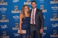 Jun 22, 2016; Las Vegas, NV, USA; Aryne Fuller center John Tavares walks the red carpet with Aryne Fuller during the 2016 NHL Awards at Hard Rock Hotel and Casino. Mandatory Credit: Joshua Dahl-USA TODAY Sports