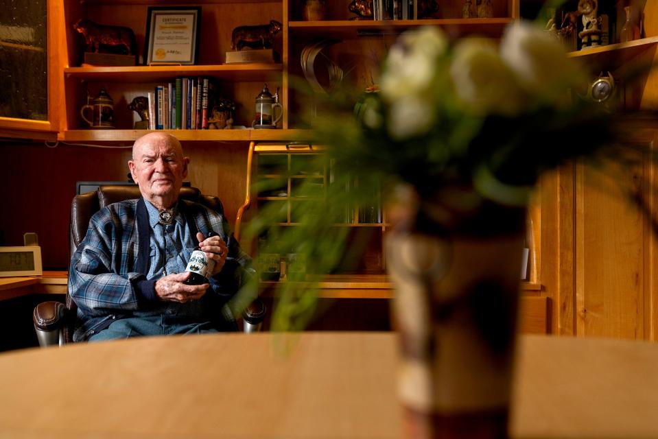 Don Svedman, 91, sits for a portrait inside his home in Fort Collins on Monday. Don has been making a marinade for about 50 years for his family and friends. It was a long-held dream to bring the product to market, but it never happened. Now, his sons have started a company, Dad's Own Products, that is manufacturing and marketing the product.