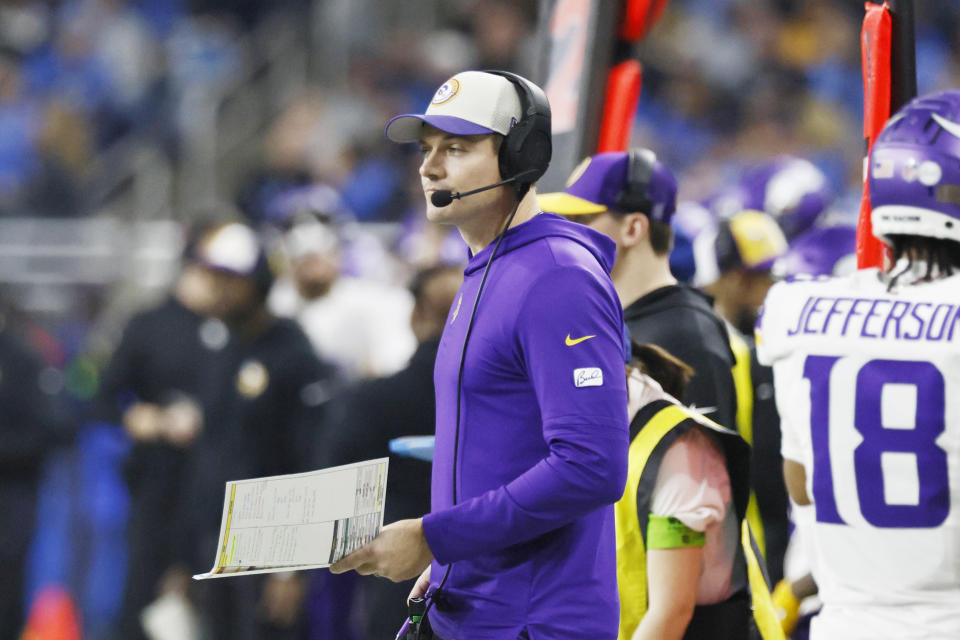 Minnesota Vikings head coach Kevin O'Connell watches from the sideline during the first half of an NFL football game against the Detroit Lions, Sunday, Jan. 7, 2024 in Detroit. (AP Photo/Duane Burleson)