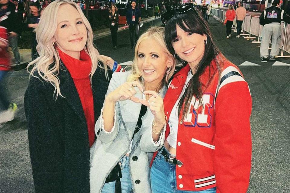 <p>Nina Dobrev/Instagram</p> Candice King, Sarah Michelle Gellar, and Nina Dobrev