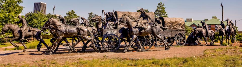 The Land Run monument, started in 2003, includes more than 40 sculptures portraying the April 22, 1889, land run.
