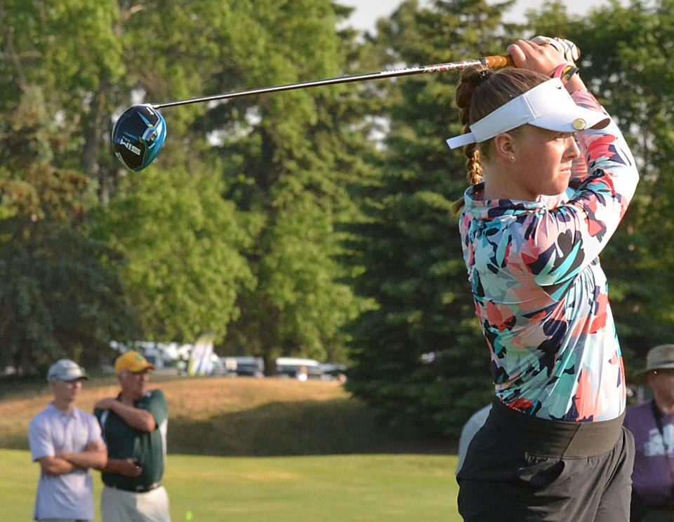 Brynn Roehrich of Clark-Willow Lake hits off the tee on No. 1 Yellow during the opening day of the state Class B girls golf tournament Cattail Crossing Golf Course on Monday, June 5, 2023 in Watertown.