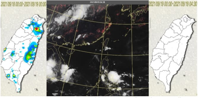 昨(18日)午後仍有局部性強對流發展(左圖)。今(19日)晨真實色雲圖(中圖)顯示，南海及菲律賓東方各有熱帶雲簇，結構仍鬆散，東南部海面及巴士海峽有一些雲層。台灣天氣晴朗無雨(右圖)。   圖/「三立準氣象· 老大洩天機」