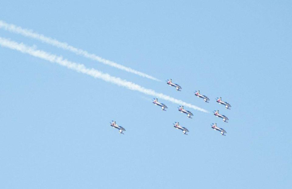 Frecce Tricolori, the Italian air force’s aerobatic team, flies over Mather Airport near Rancho Cordova on Tuesday, July 9, 2024, as it arrives for this weekend’s California Capital Airshow.