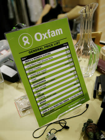 FILE PHOTO: A price list is seen on display at an Oxfam store in Dalston in east London, Britain November 28, 2008. REUTERS/Simon Newman/File Photo