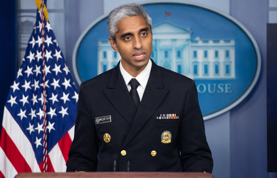 US Surgeon General Dr. Vivek H. Murthy speaks during a press briefing in the Brady Briefing Room of the White House in Washington, DC on July 15, 2021. (Photo by SAUL LOEB / AFP) (Photo by SAUL LOEB/AFP via Getty Images)