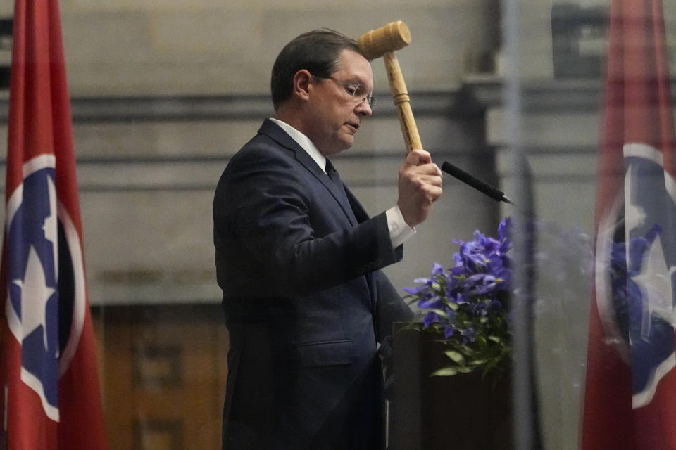 House Speaker Cameron Sexton, R-Crossville, bangs the gavel during the first day of the 2024 legislative session Tuesday, Jan. 9, 2024, in Nashville, Tenn. (AP Photo/George Walker IV)