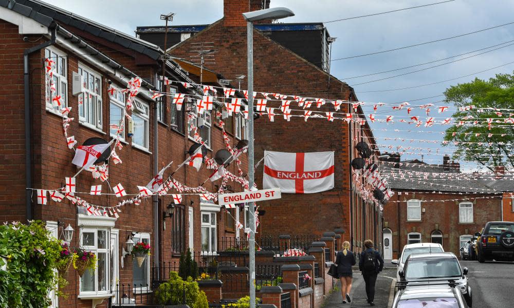 Bunting and flags on Wales Street in Oldham