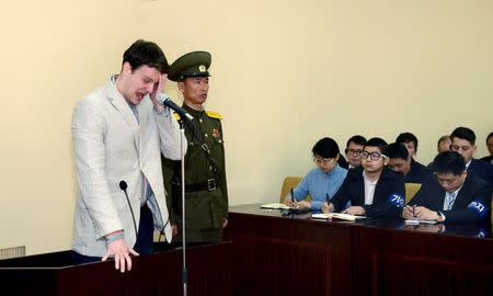 U.S. student Otto Warmbier cries at court in an undisclosed location in North Korea, in this photo released by North Korea's Korean Central News Agency (KCNA) in Pyongyang on March 16, 2016. REUTERS/KCNA