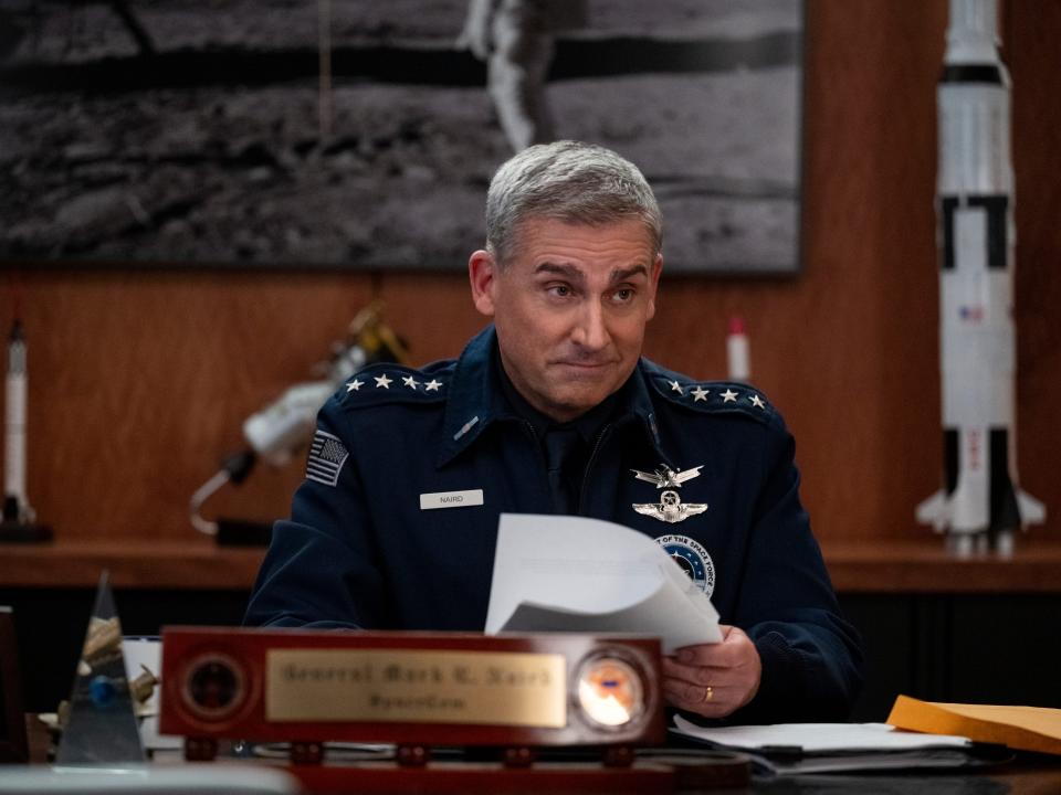 Steve Carell at a general's desk in "Space Force"