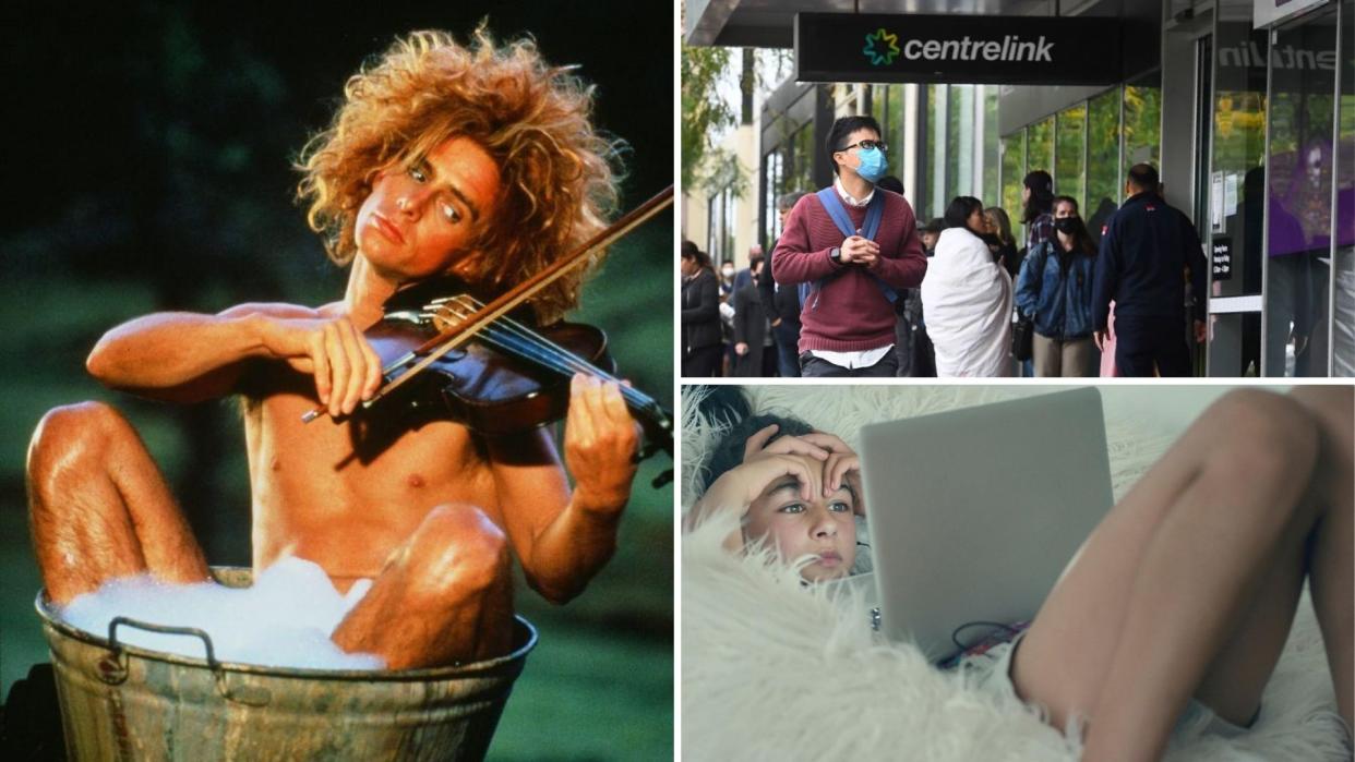 Yahoo Serious playing a violin on the left, a long Centrelink queue on the top right, and a woman watching streaming video on the bottom right.