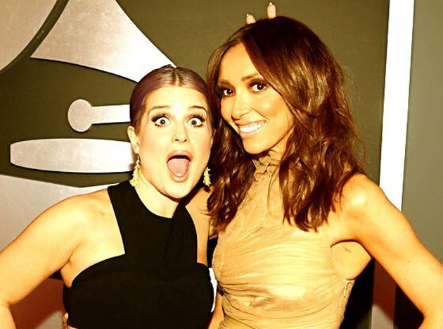 Backstage at the Grammys 2013: Kelly Osbourne posed for this Twitpic with her fellow E! presenter Giuliana Rancic. She tweeted it with the caption: “@GiulianaRancic we had so much fun tonight at the #Grammys #ERedCarpet you looked beautiful!” Copyright [Kelly Osbourne]