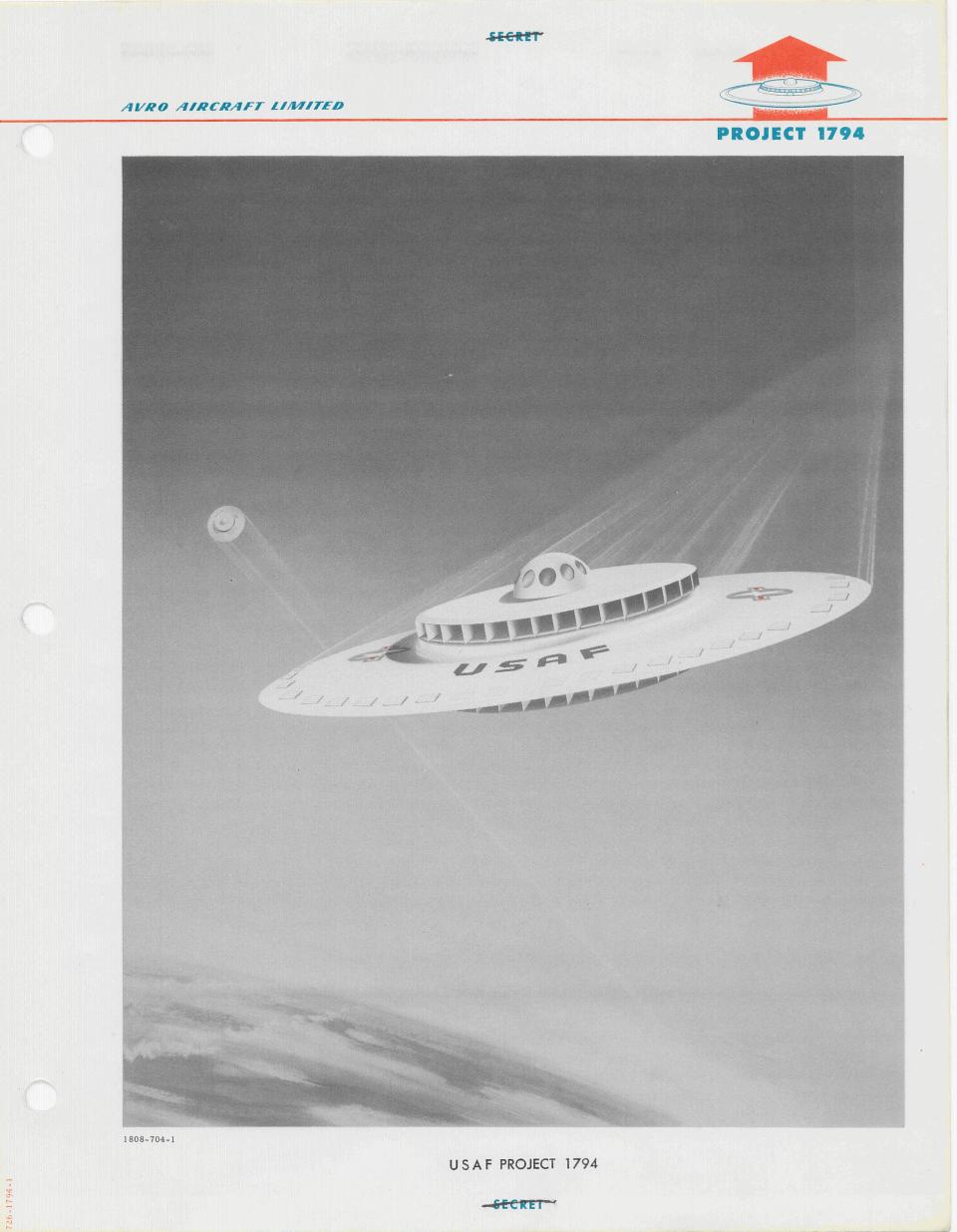An illustration of what looks like a flying saucer with the words USAF on it.