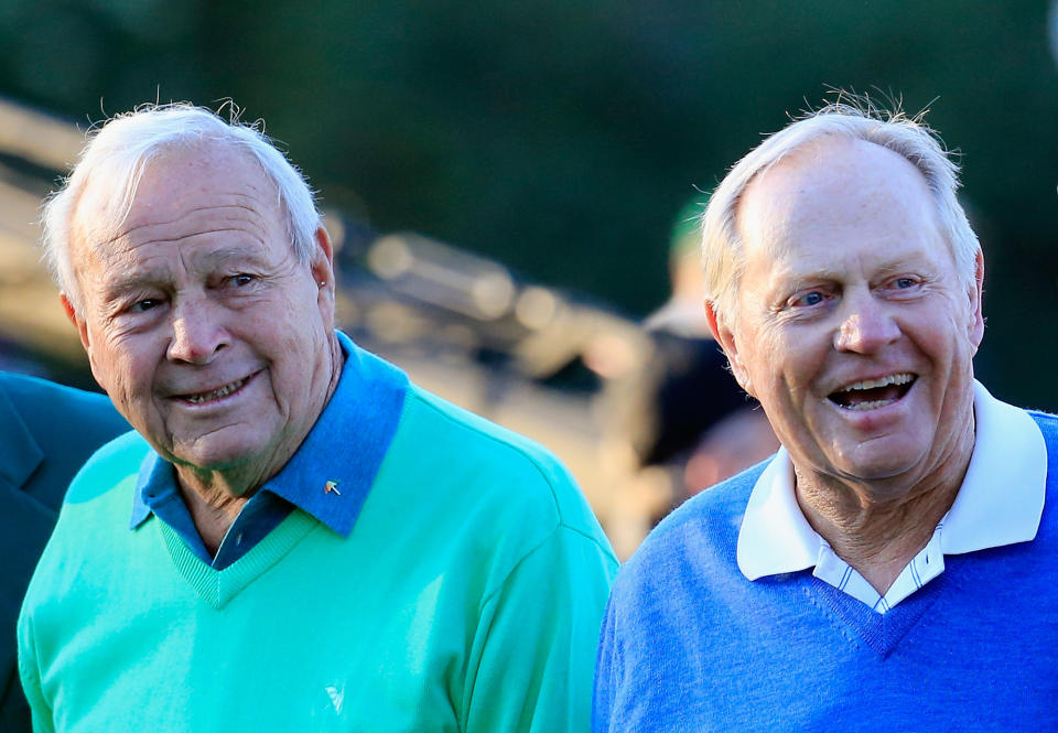 <p>Honorary starters Arnold Palmer and Jack Nicklaus wait on the first tee at the start of the first round of the 2014 Masters Tournament at Augusta National Golf Club on April 10, 2014 in Augusta, Georgia. (Photo by Rob Carr/Getty Images) </p>