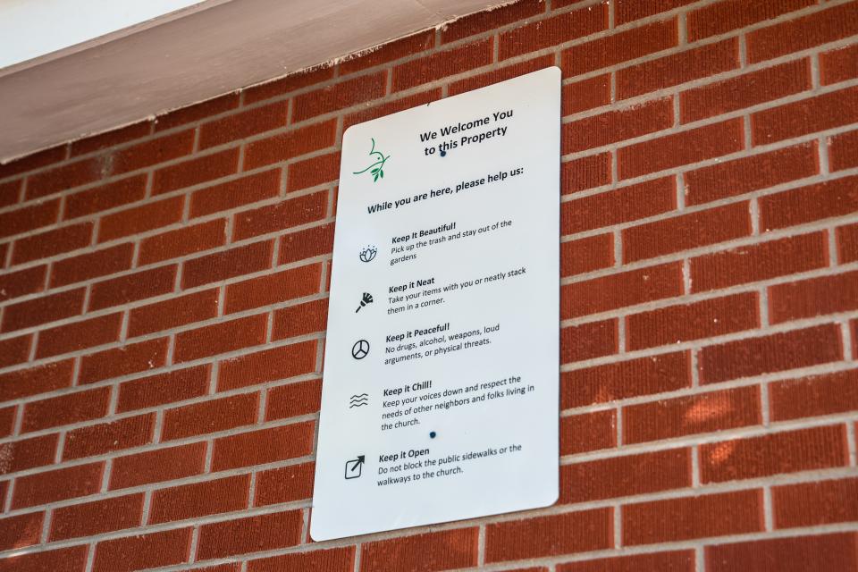 A sign lists expectations for behavior at the Mennonite Fellowship in downtown Fort Collins on Aug. 31, 2023. The church is one of four sites designated as chronic nuiscance properties since the city changed its public nuisance ordinance at the end of last year.