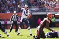 Oct 9, 2016; Cleveland, OH, USA; New England Patriots quarterback Tom Brady (12) throws a pass during the first quarter against the Cleveland Browns at FirstEnergy Stadium. Mandatory Credit: Scott R. Galvin-USA TODAY Sports
