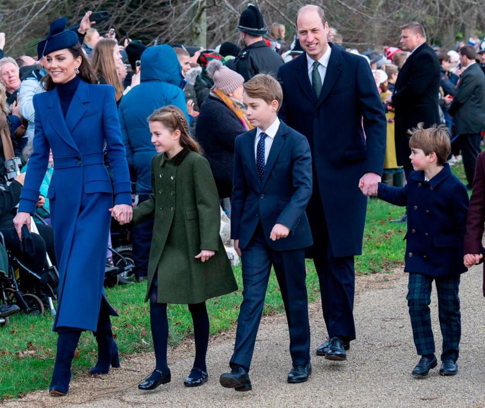 PHOTO: Catherine, Princess of Wales and Prince William, Prince of Wales with Prince Louis, Prince George and Princess Charlotte attend the Christmas Day service at St Mary Magdalene Church, Dec. 25, 2023, in Sandringham, Norfolk.  (Mark Cuthbert/UK Press via Getty Images)