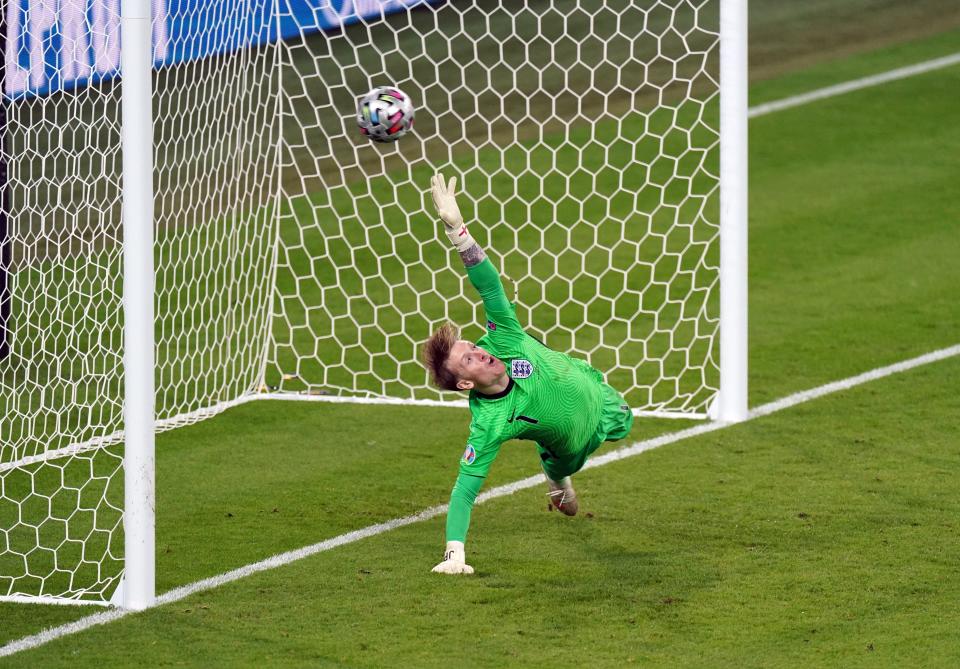 England goalkeeper Jordan Pickford fails to stop a penalty from Leonardo Bonucci (PA Wire)