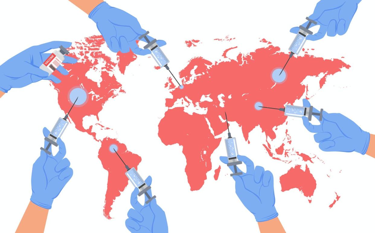 <span class="caption">CORBEVAX uses recombinant DNA technology that many countries already have the infrastructure to produce.</span> <span class="attribution"><a class="link " href="https://www.gettyimages.com/detail/illustration/global-vaccination-of-planet-earth-royalty-free-illustration/1315224179" rel="nofollow noopener" target="_blank" data-ylk="slk:Artis777 via iStock/Getty Images Plus;elm:context_link;itc:0;sec:content-canvas">Artis777 via iStock/Getty Images Plus</a></span>