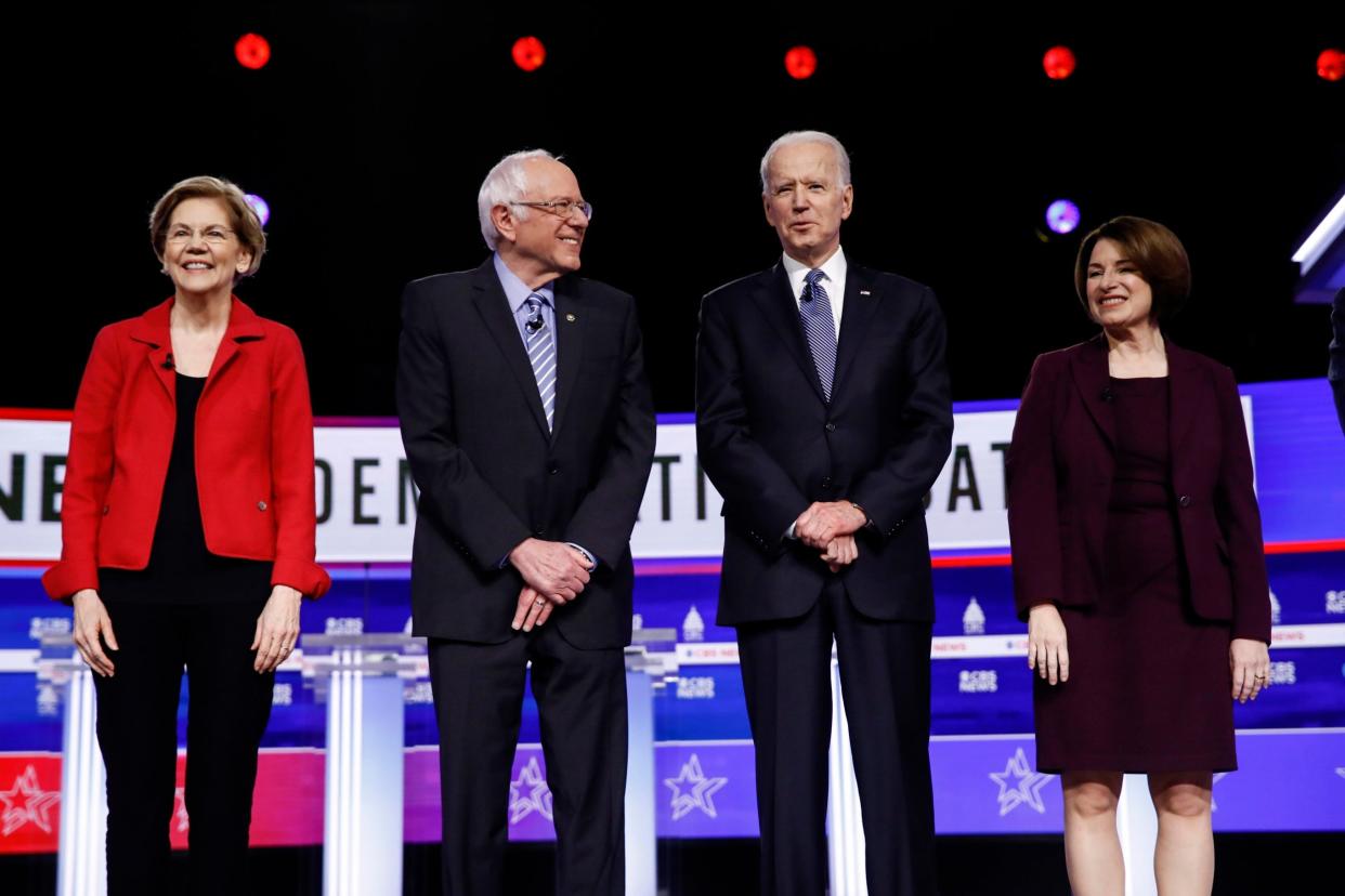 Elizabeth Warren, Bernie Sanders, Joe Biden and Amy Klobuchar at the Democratic debate in Charleston, South Carolina: AP