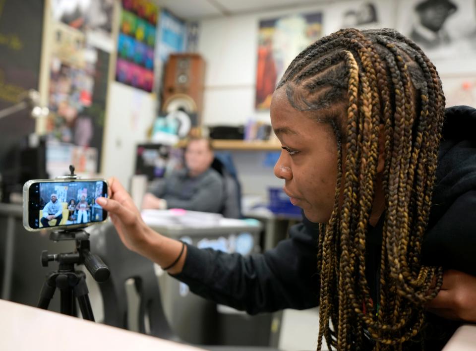 Kaylana Logan, 17, prepares to record a video on Feb. 22, 2024, with fellow students at Westerville North High School for Black History Month.