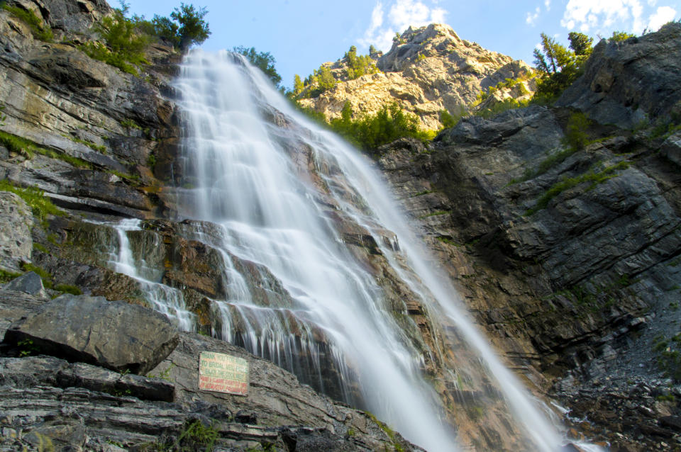 The Bridal Veil Falls waterfall, which is located in Provo Canyon, Utah, is pictured.