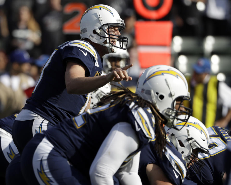 The Los Angeles Chargers gave up the fewest sacks in the NFL in 2017. (AP Photo/Alex Gallardo)