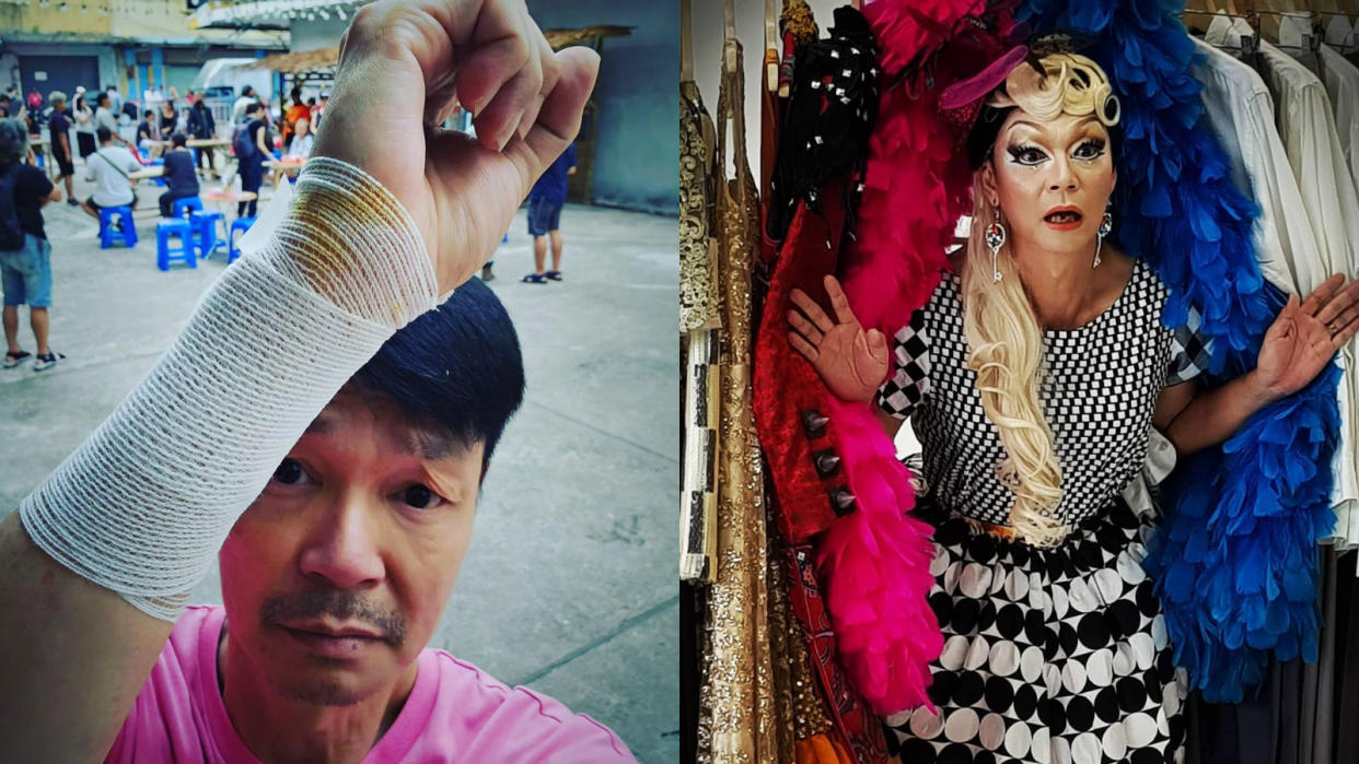 A composite picture of Mark Lee, Singapore celebrity, with an injured and a shot of him in costume.