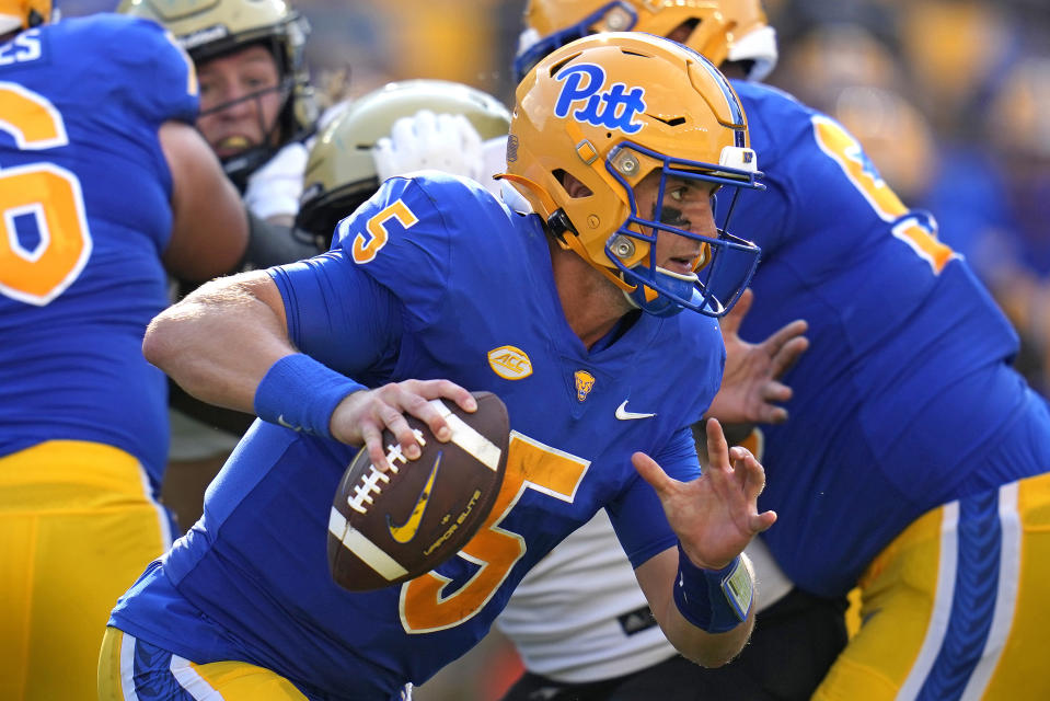 Pittsburgh quarterback Phil Jurkovec (5) looks to pass during the second half of an NCAA college football game against Wofford in Pittsburgh Saturday, Sept. 2, 2023. (AP Photo/Gene J. Puskar)