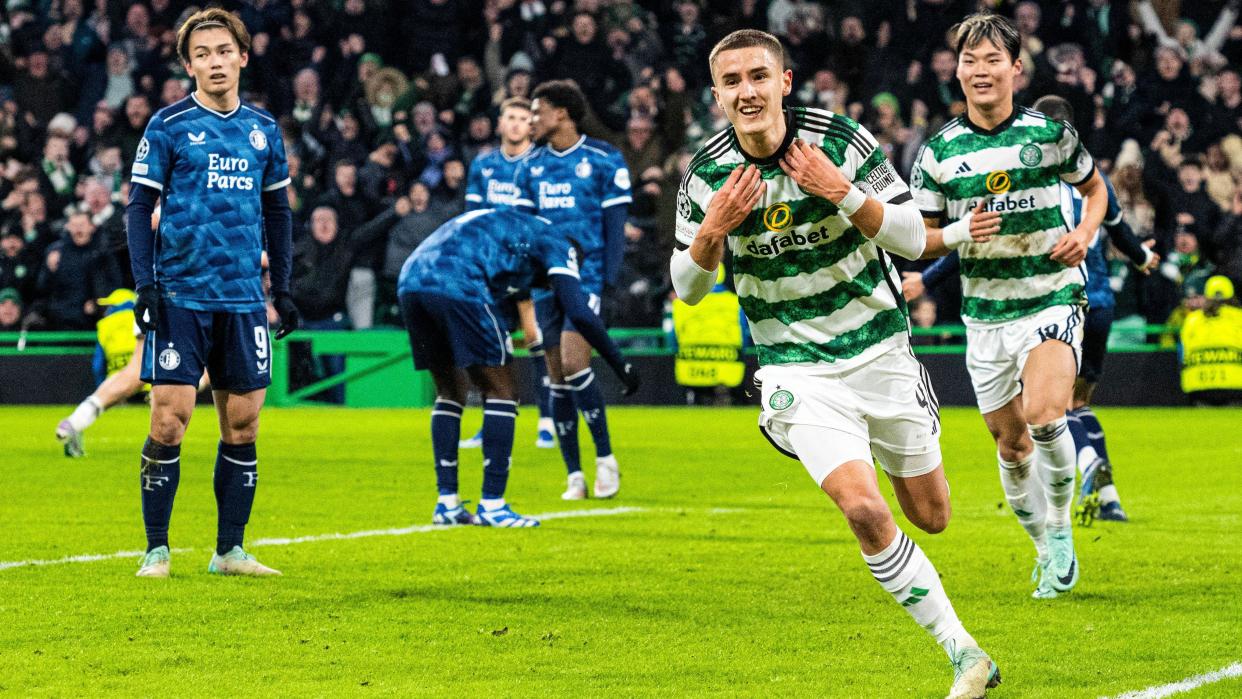 Gustaf Lagerbielke celebrates after scoring for Celtic against Feyenoord