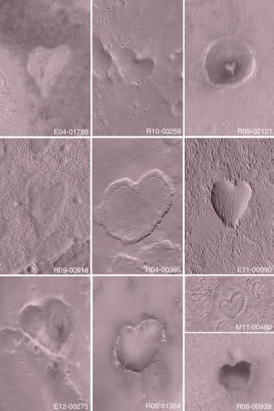 Awwww. These are real photos taken of Mars' surface. But were they designed by extraterrestrials who know the human concept of love? Only the ETs know.