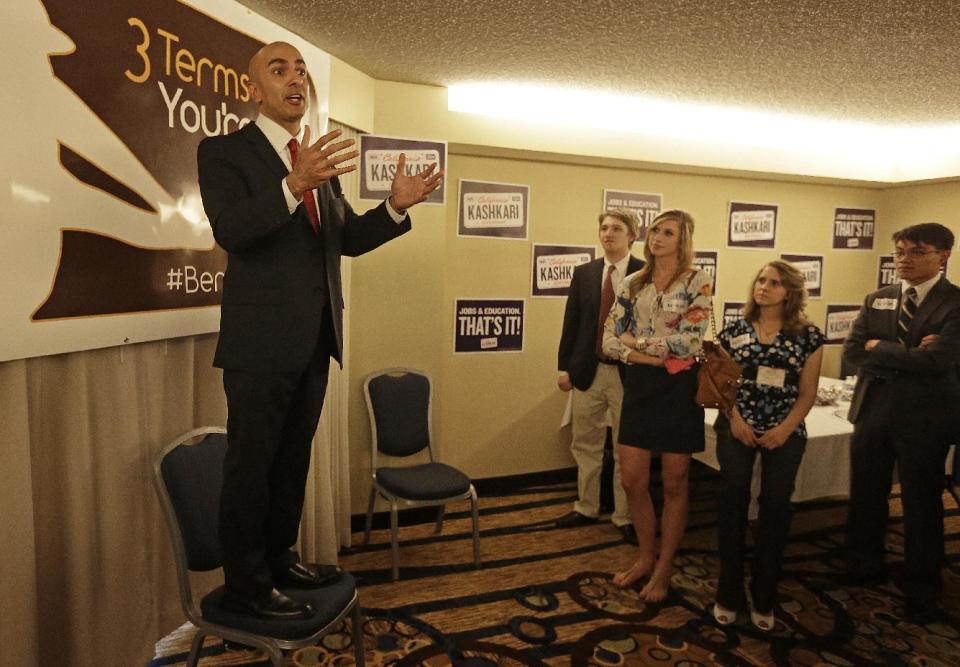 Gubernatorial candidate Neel Kashkari speaks to supporters at the California Republican Party 2014 Spring Convention, Friday, March 14, 2014, in Burlingame, Calif. (AP Photo/Ben Margot)