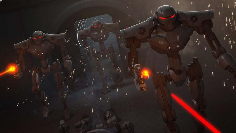 An image shows DT Sentry droids standing and fighting together. 