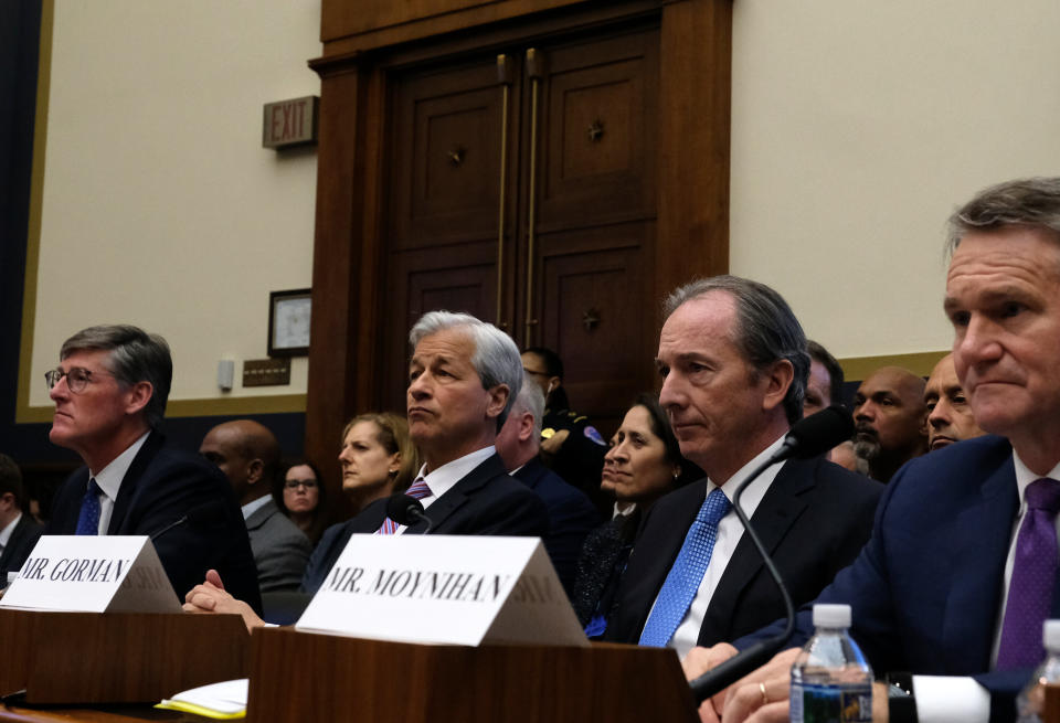 Bank CEOs are not a diverse group: (L-R) Michael Corbat, chief executive officer of Citigroup Inc., Jamie Dimon, chief executive officer of JPMorgan Chase &amp; Co., James Gorman, chief executive officer of Morgan Stanley, and Brian Moynihan, chief executive officer of Bank of America Corp., listen during a House Financial Services Committee hearing on April 10, 2019. Seven CEOs of the country&rsquo;s largest banks were called to testify a decade after the global financial crisis. (Photo: Alex Wroblewski via Getty Images)