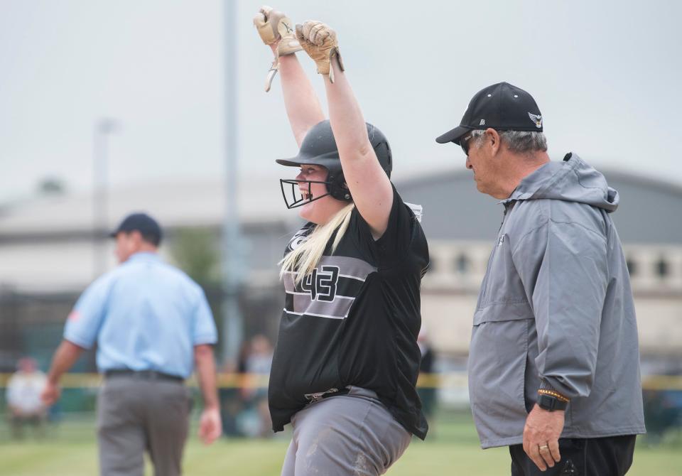 Egg Harbor Township's Sienna Walterson reacts after hitting a single during the South Jersey Group 4 softball final between Egg Harbor Township and Kingsway played at Egg Harbor Township High School on Friday, May 27, 2022.  Due to inclement weather, the game was suspended until Saturday, May 28, 2022.