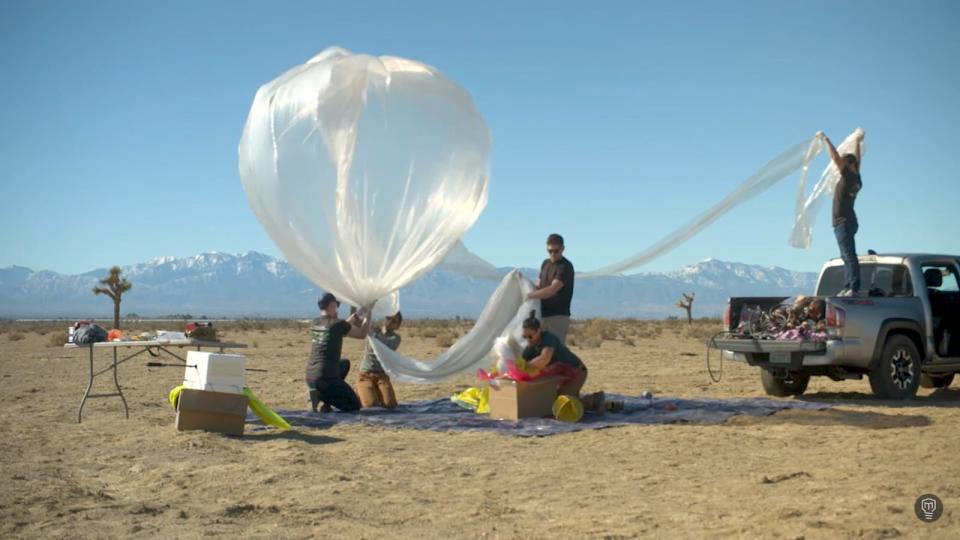 Former NASA engineer and popular YouTuber Mark Rober and  his team, in the High Desert, prepare to launch a helium-filled weather balloon that will transport and drop two eggs from space.