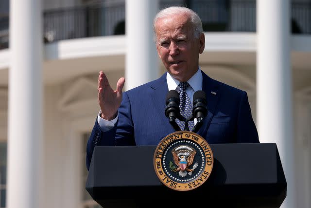 <p>Win McNamee/Getty Images</p> President Joe Biden delivers remarks during an event on the South Lawn of the White House