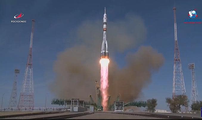 The Soyuz MS-17/63S rocket blasts off from the Baikonur Cosmodrome in Kazakhstan carrying NASA astronauts Kate Rubins and two cosmonauts into orbit for a two-orbit flight to the International Space Station. / Credit: NASA/Roscosmos