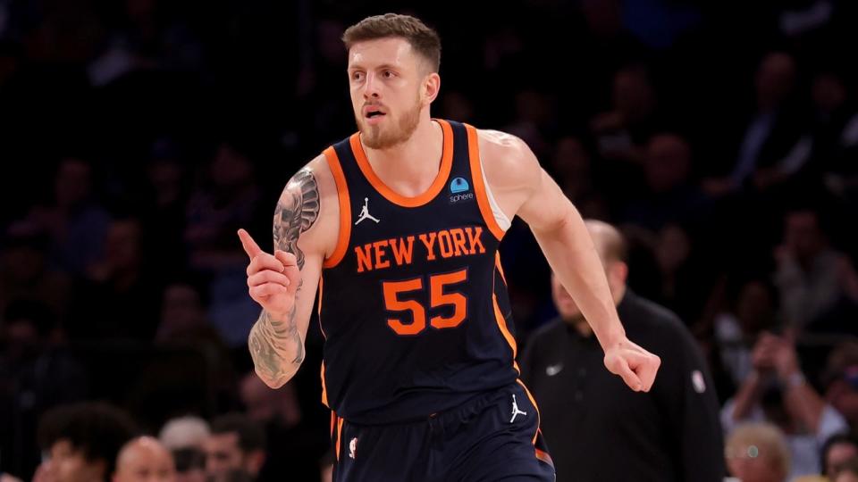 Jan 30, 2024; New York, New York, USA; New York Knicks center Isaiah Hartenstein (55) reacts during the third quarter against the Utah Jazz at Madison Square Garden.