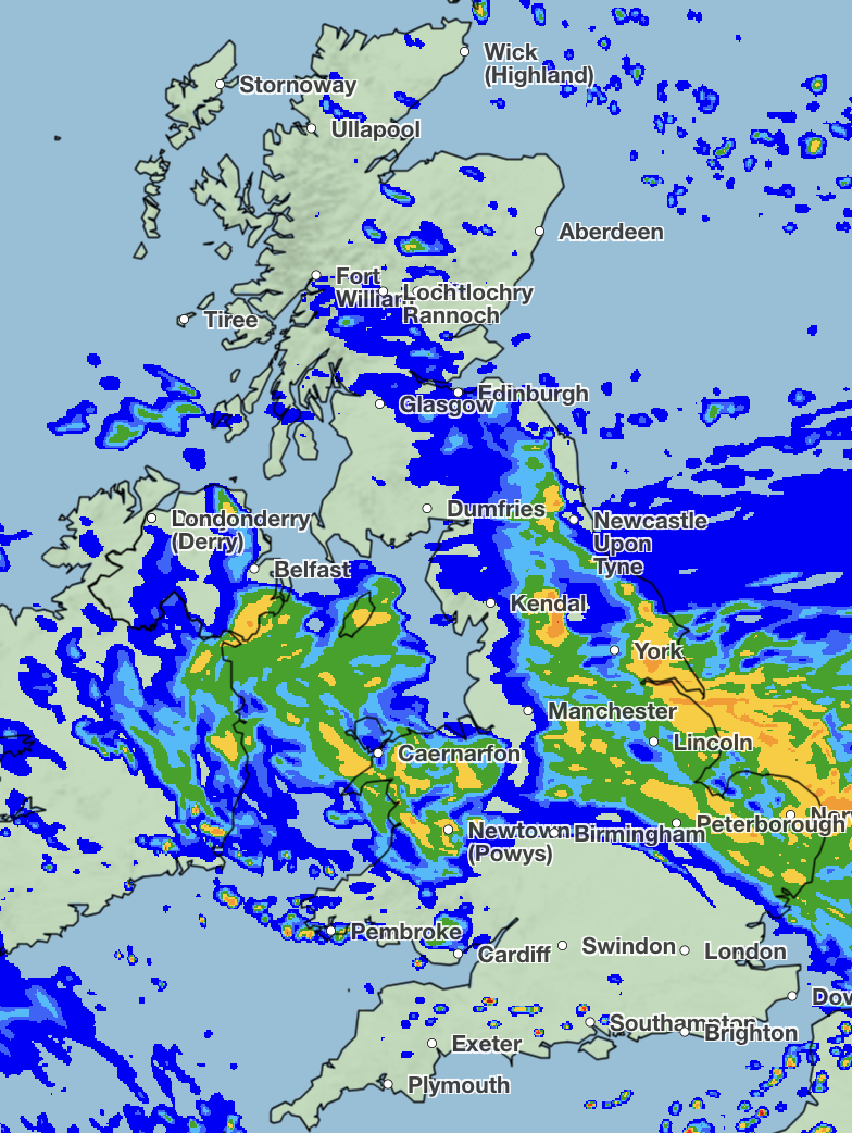 Weather at 2pm on Friday. (Met Office)
https://www.metoffice.gov.uk/weather/maps-and-charts/rainfall-radar-forecast-map#?model=ukmo-ukv&layer=rainfall-rate&bbox=[[47.88688085106901,-14.633789062500002],[60.326947742998414,6.701660156250001]]