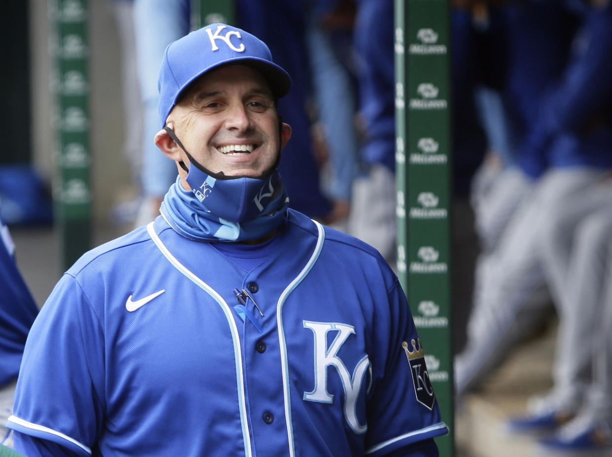 DETROIT, MI -  APRIL 24:  Bench coach Pedro Grifol #6 of the Kansas City Royals smiles in the dugout before a game against the Detroit Tigers at Comerica Park on April 24, 2021, in Detroit, Michigan. (Photo by Duane Burleson/Getty Images)