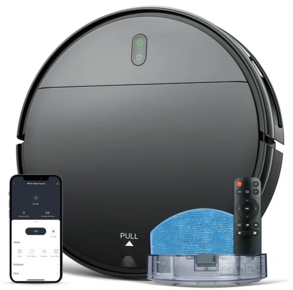 Robotic vacuum cleaner with dustbin, remote control, and smartphone app interface