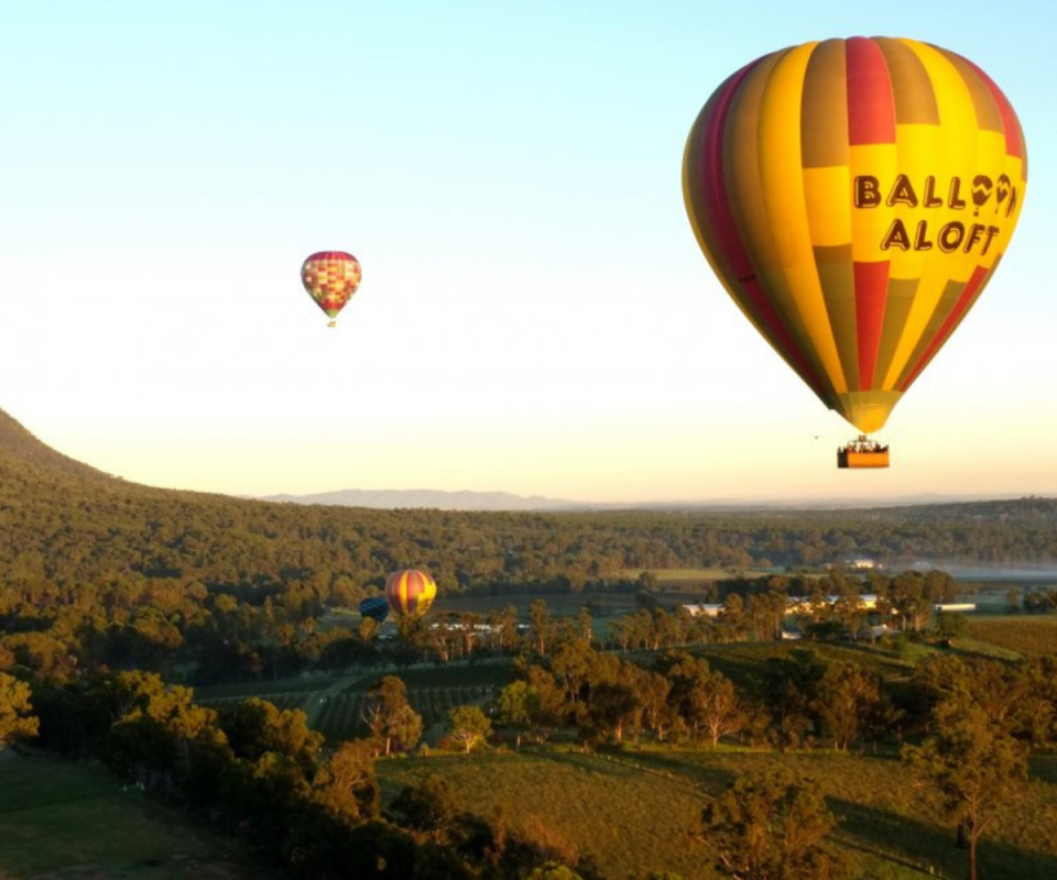 A hot air balloon sits in the sky on the top right with the green, grassy landscape beneath it. 